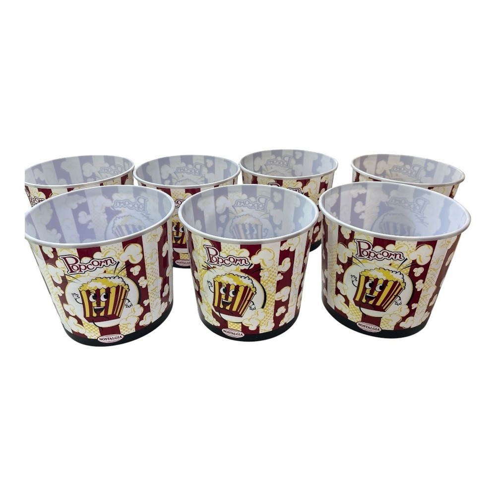 Nostalgia Popcorn Buckets Set of 7 Red White Striped Plastic Movie Night Tubs